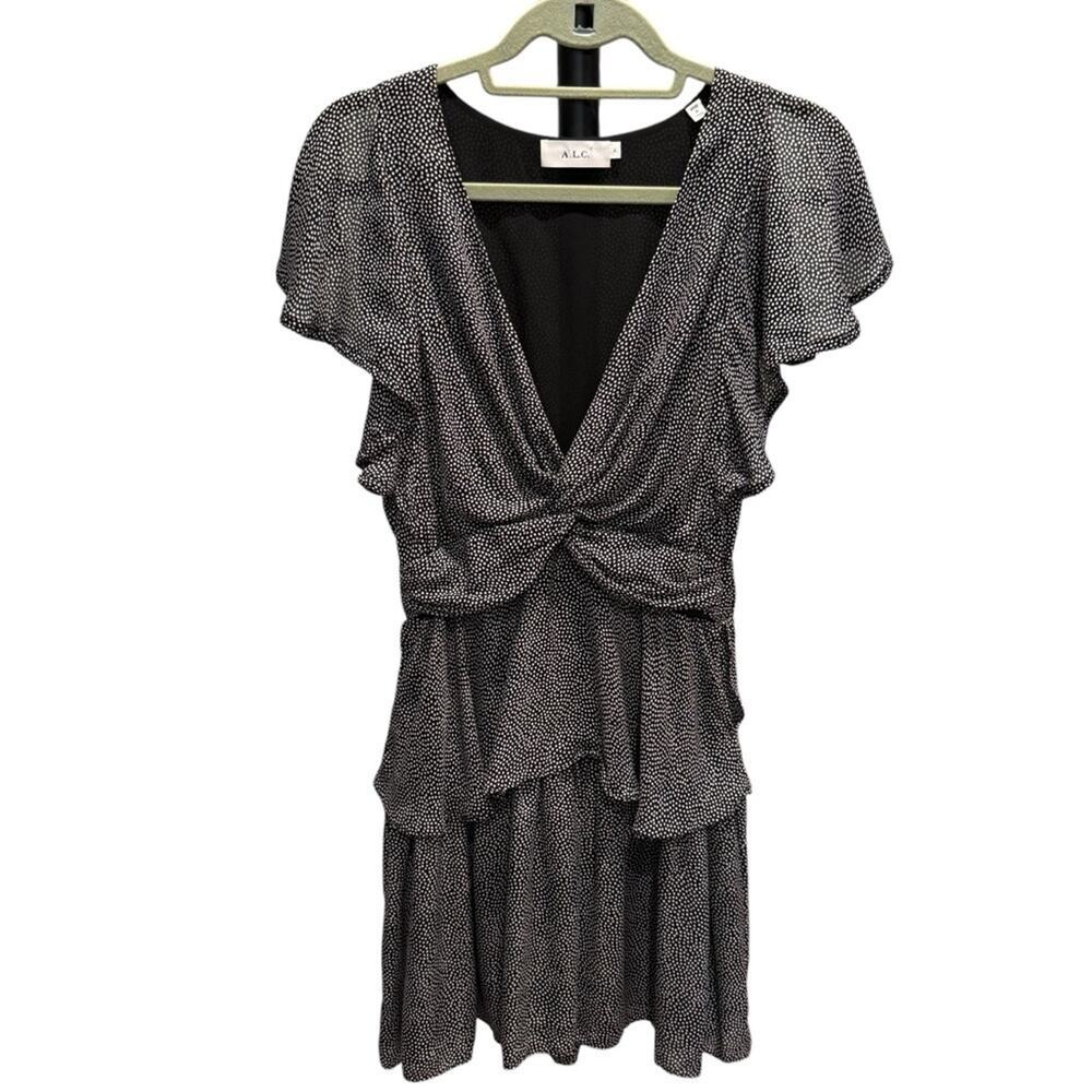A.L.C. Viera Twist Front Silk Mini Dress Size 6 Black and White Patterned